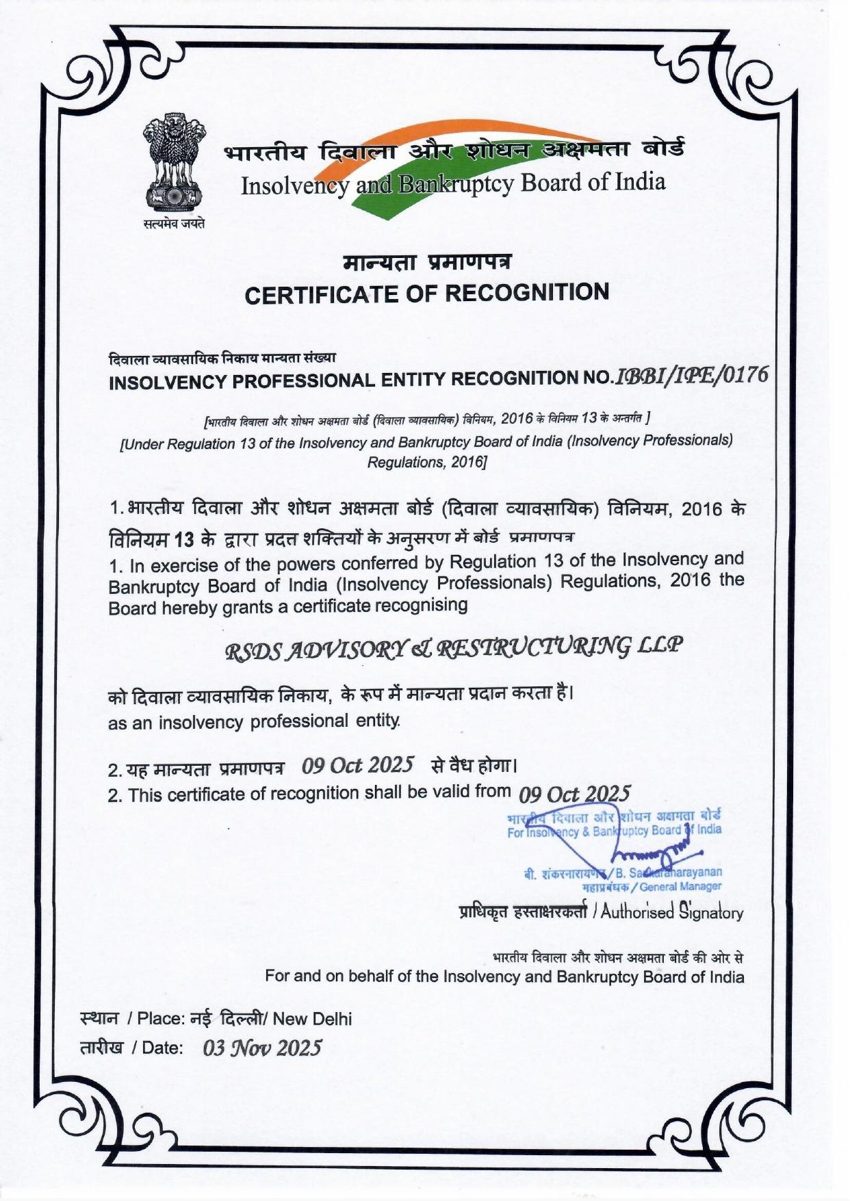 IBBI Certificate of Recognition IBBI/IPE/0176